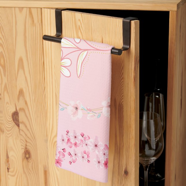 Linge De Cuisine Art Floral rose, Fleur de printemps douce esthétiq (Pliage en tiers)