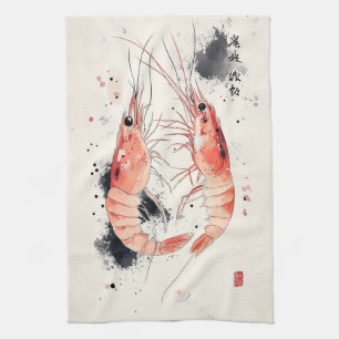 Linge De Cuisine Art japonais de crevette aquarelle avec calligraph
