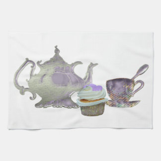 Linge De Cuisine Art lilas de coeurs, de théière et de tasse de thé
