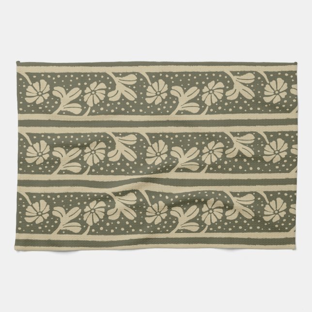 Linge De Cuisine Art Nouveau Fleurs élégantes Beige et vert Sage (Horizontal)