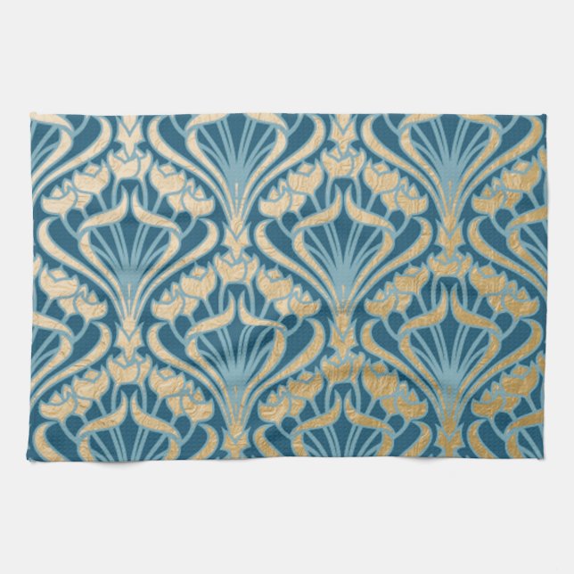 Linge De Cuisine Art nouveau, or, turquoise, motif, damas, Victorie (Horizontal)