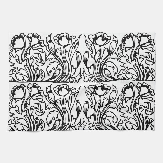 Linge De Cuisine Art nouveau poppy floral noir blanc élégant (Horizontal)