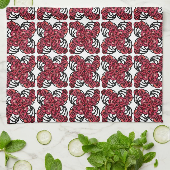 Linge De Cuisine Art Nouveau Vignes florales rouges et noires roses (Plié)