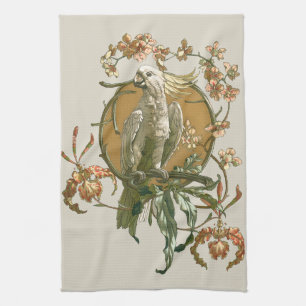 Linge De Cuisine Art Nouveau vintage, Cockatoo Bird, Fleurs d'orchi