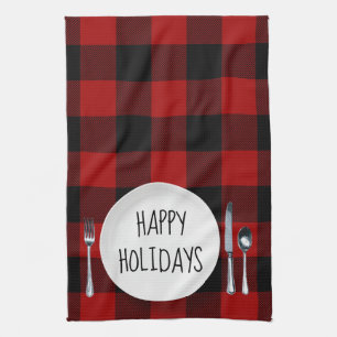 Linge De Cuisine Assiette Joyeuses Fêtes Sur Plaid Buffalo