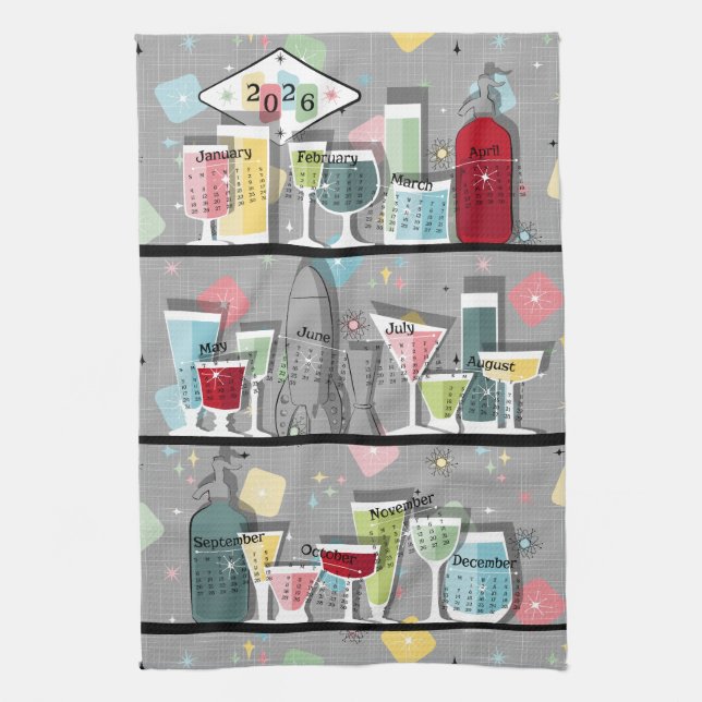 Linge De Cuisine Atomic Retro Cocktails 2026 Calendrier (Vertical)
