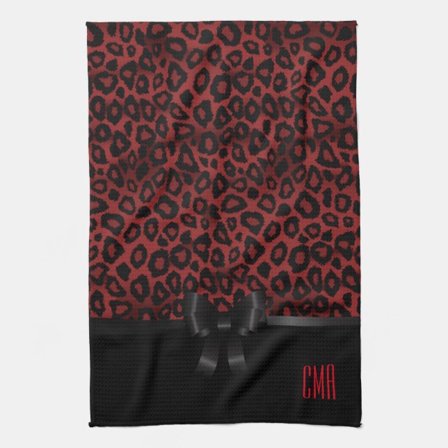 Linge De Cuisine Attrayant animal léopard rouge foncé | Monogramme (Vertical)