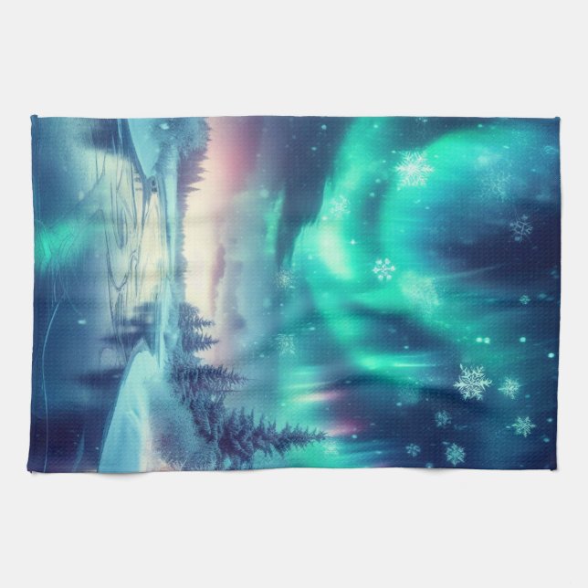 Linge De Cuisine aurora borealis/Noël/hiver (Horizontal)