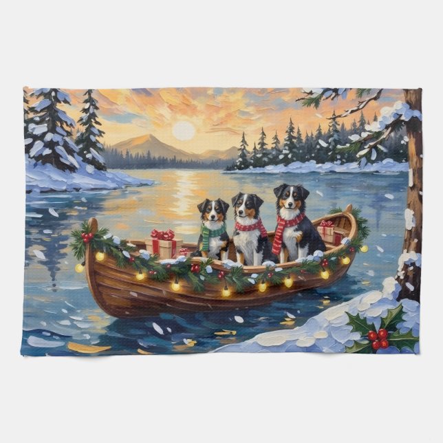 Linge De Cuisine Australian Shepherd Christmas Boat Holiday (Horizontal)