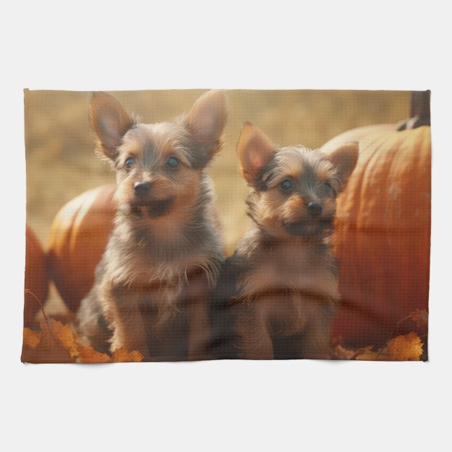 Linge De Cuisine Australien Terrier Chiot Automne Citrouille de pla (Horizontal)