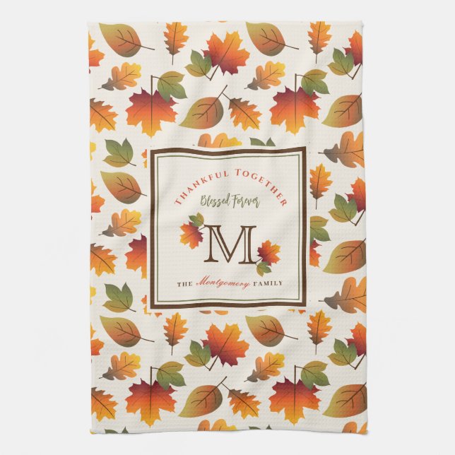 Linge De Cuisine Automne/Automne Feuilles Famille Monogramme Action (Vertical)