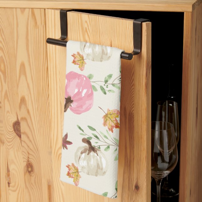 Linge De Cuisine Automne Boho Chic Aquarelle Citrouille et feuille (Pliage en tiers)
