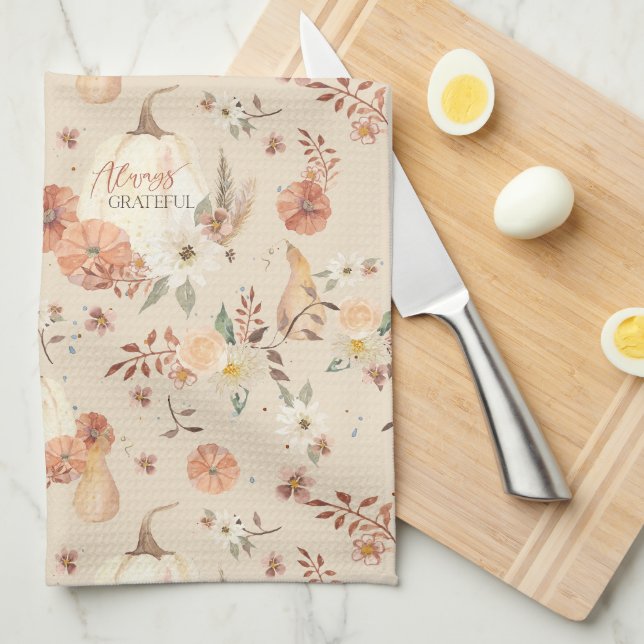 Linge De Cuisine Automne Citrouille Feuilles BOHO Floral Grateful  (Quart Plié)
