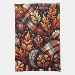 Linge De Cuisine Automne Plaid Feuilles Orange Black Motif