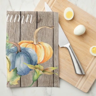 Linge De Cuisine Automne Vert Orange Citrouille Aquarelle Lt Bois