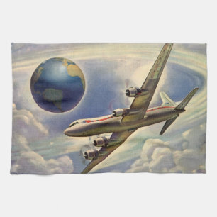 Linge De Cuisine Avion vintage volant autour du monde dans les nuag