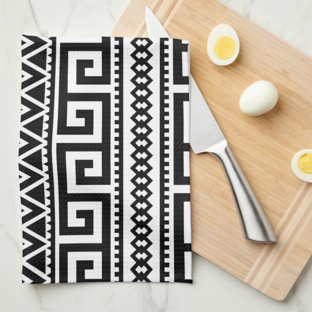 Linge De Cuisine Aztec Boho, Motif tribal géométrique noir blanc (Quart Plié)