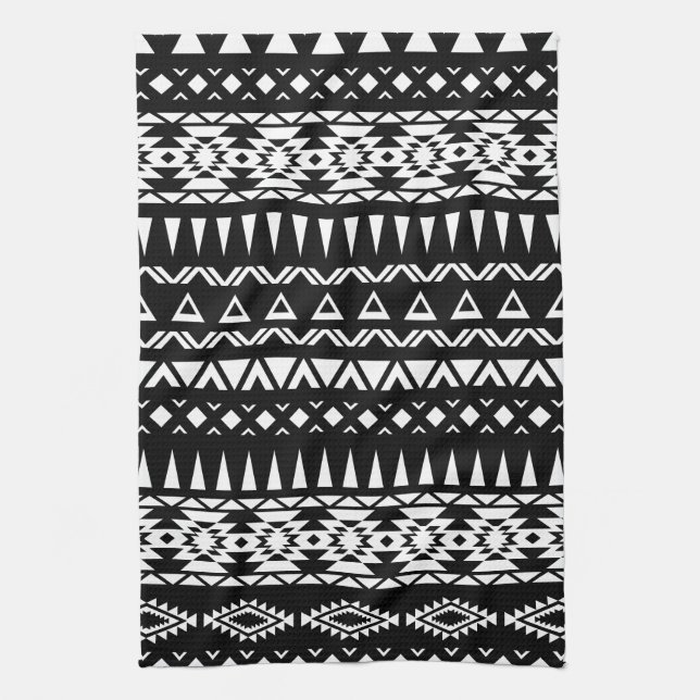 Linge De Cuisine Aztèque tribal noir et blanc de motif inspiré (Vertical)
