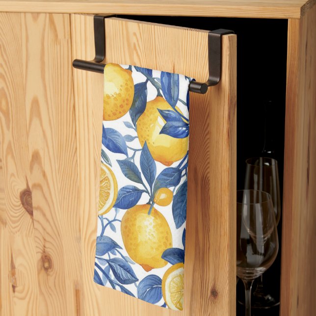 Linge De Cuisine Azulejo Lemons Feuilles bleus #1 (Pliage en tiers)