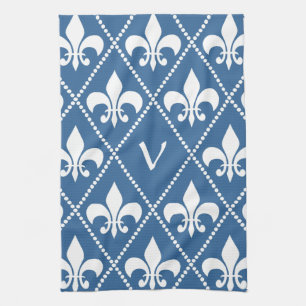 Linge De Cuisine Azure Fleur de Lis avec monogramme initial
