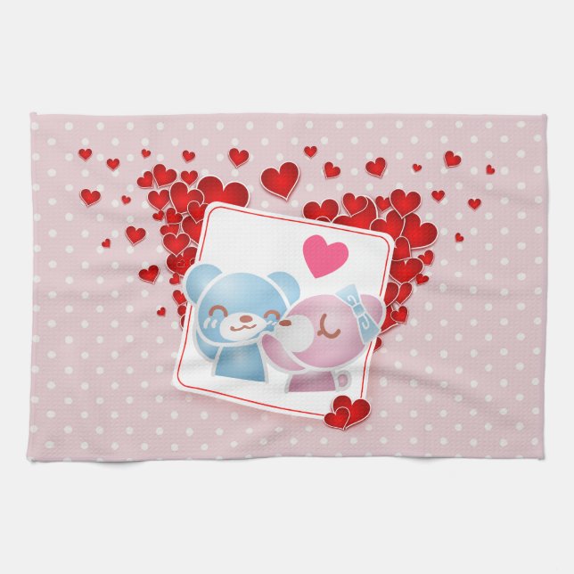 Linge De Cuisine Baisers avec coeur d'amour rouge tout autour (Horizontal)
