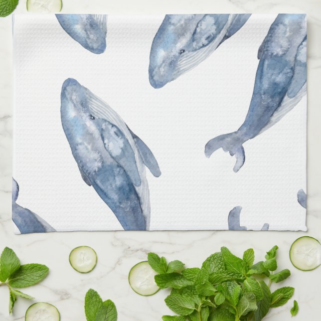 Linge De Cuisine Baleines à bosse en aquarelle (Plié)