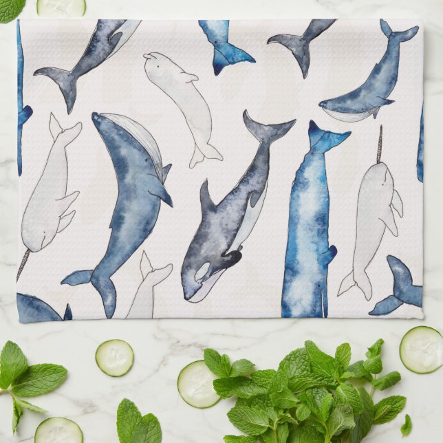 Linge De Cuisine Baleines aquarelles (Plié)