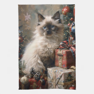 Linge De Cuisine Balinais Kitten Noël Portrait de chat