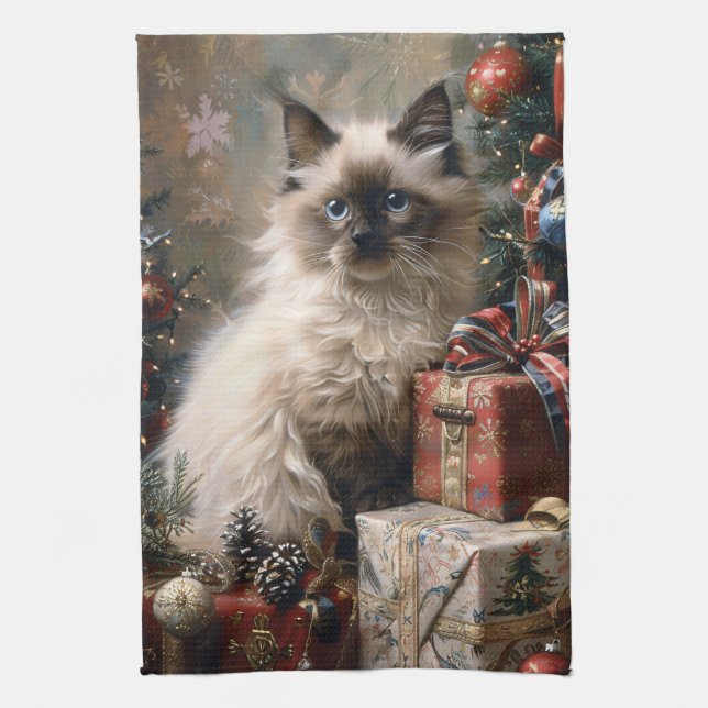 Linge De Cuisine Balinais Kitten Noël Portrait de chat (Vertical)