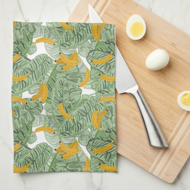 Linge De Cuisine Banane tropicale moderne Motif vert (Quart Plié)