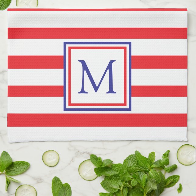 Linge De Cuisine Bande rouge et blanche avec Monogramme bleu marine (Plié)