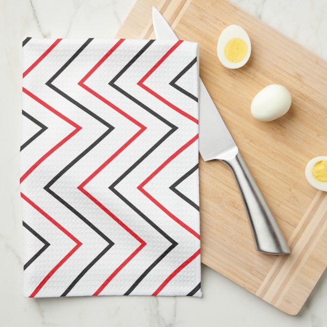 Linge De Cuisine Bande verticale Chevron noir et rouge (Quart Plié)