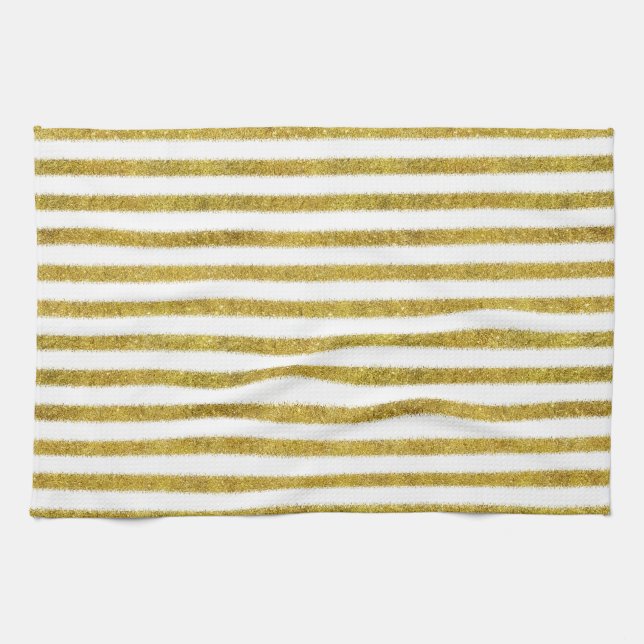 Linge De Cuisine Bandes chic or et blanc (Horizontal)