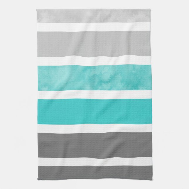 Linge De Cuisine Bandes d'aquarelle blanc gris turquoise (Vertical)