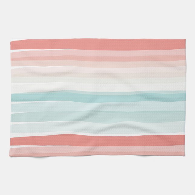 Linge De Cuisine Bandes estivales en corail et turquoise (Horizontal)
