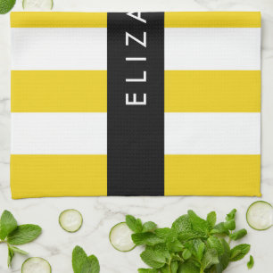 Linge De Cuisine Bandes Jaunes, Motif Gratté, Lignes, Votre Nom