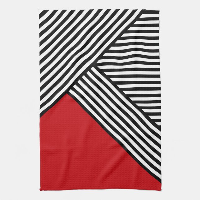Linge De Cuisine Bandes noires et blanches avec triangle rouge (Vertical)