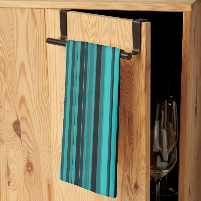 Linge De Cuisine Bandes noires turquoises (Pliage en tiers)
