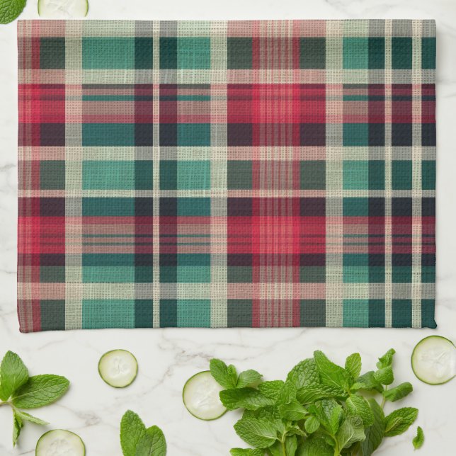 Linge De Cuisine Bandes Plaid Vert Crème Rouge (Plié)