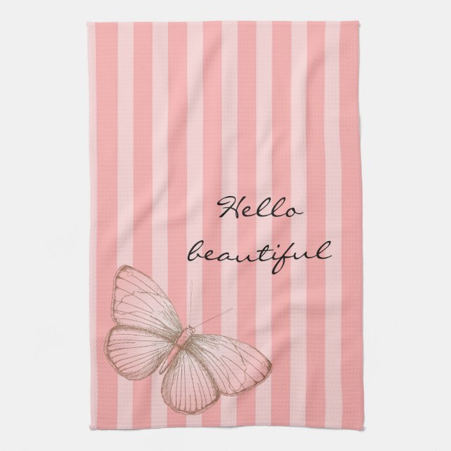 Linge De Cuisine Bandes roses avec papillon (Vertical)