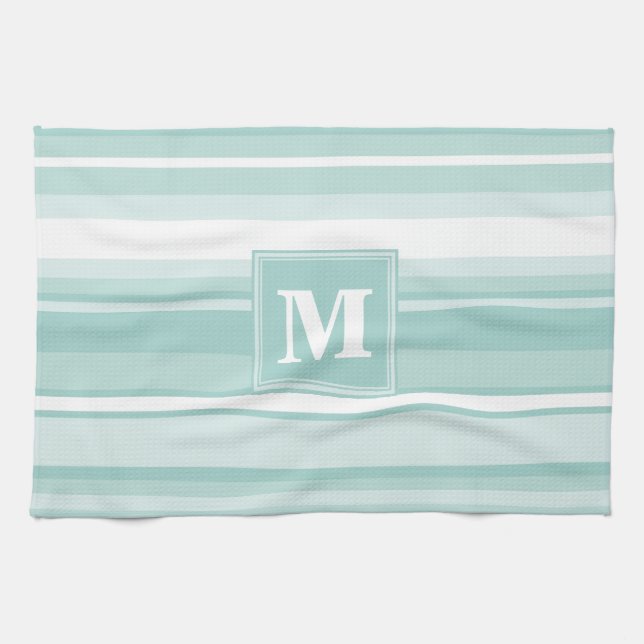 Linge De Cuisine Bandes vertes de menthe monogramme (Horizontal)