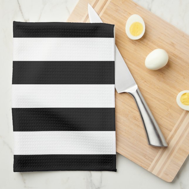 Linge De Cuisine Bandes Verticales Noires Et Blanches (Quart Plié)