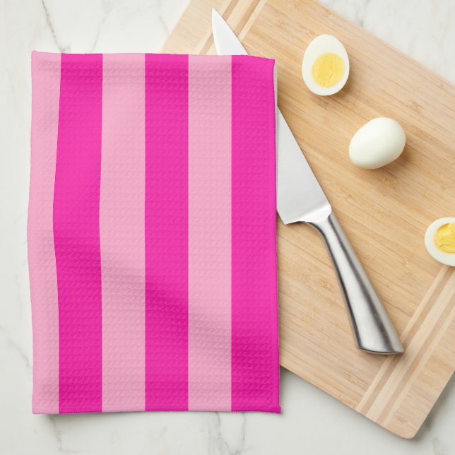 Linge De Cuisine Bandes verticales rose chaud (Quart Plié)