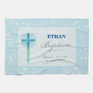 Linge De Cuisine Baptême de garçon en dentelle bleue
