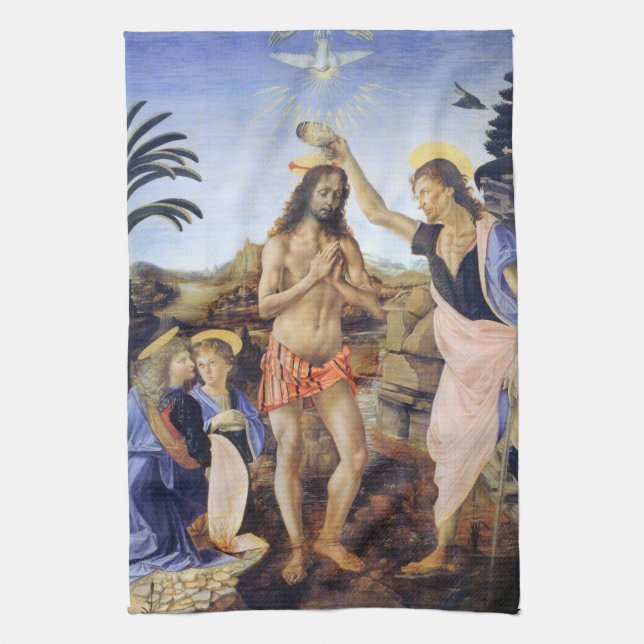 Linge De Cuisine Baptême du Christ par Verrocchio, Léonard de Vinci (Vertical)