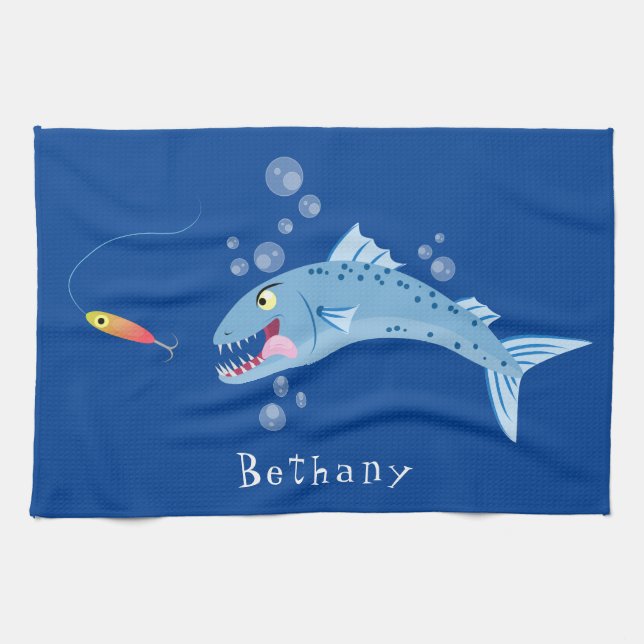 Linge De Cuisine Barracuda poisson affamé de la pêche dessin animé (Horizontal)