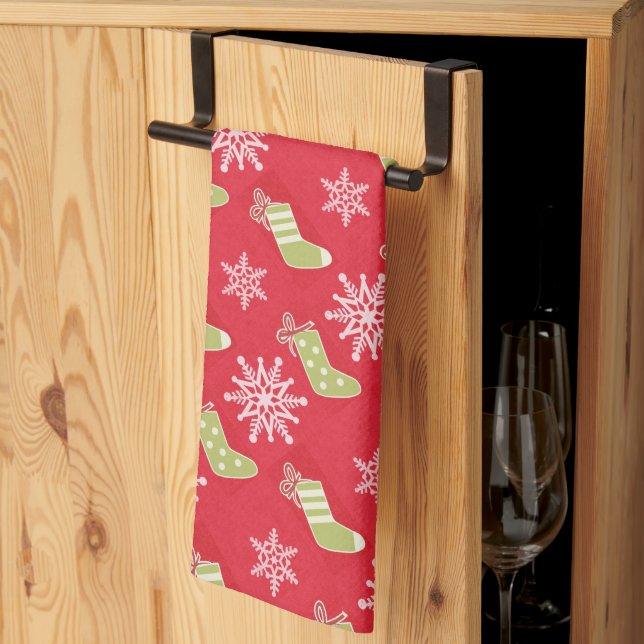 Linge De Cuisine Bas de Noël verts et flocons rouges (Pliage en tiers)