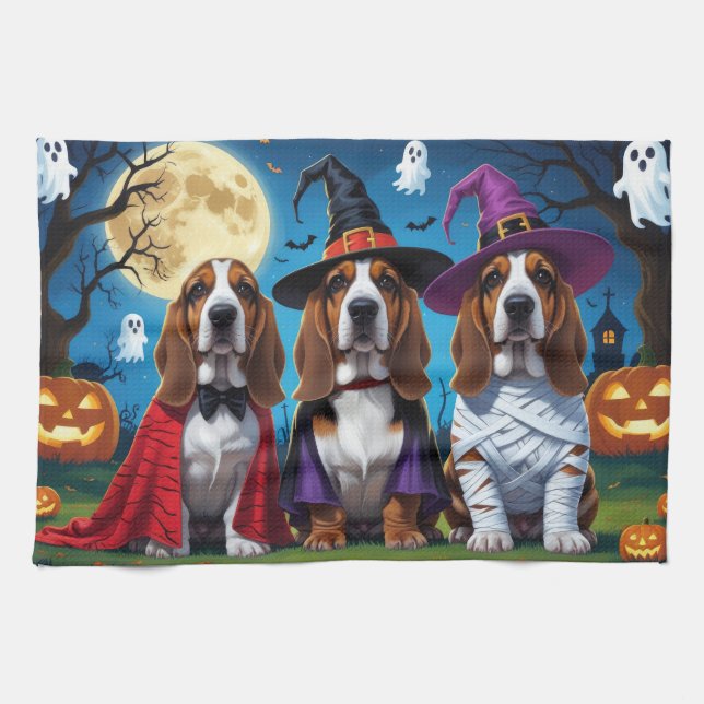Linge De Cuisine Basset Hound Chiens Citrouille Halloween Funny (Horizontal)