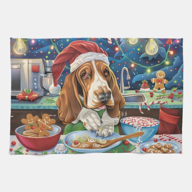 Linge De Cuisine Basset Hound Gîtes : Noël festif (Horizontal)