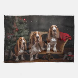 Linge De Cuisine Basset Hound Neigeux Traîneau Décor Noël